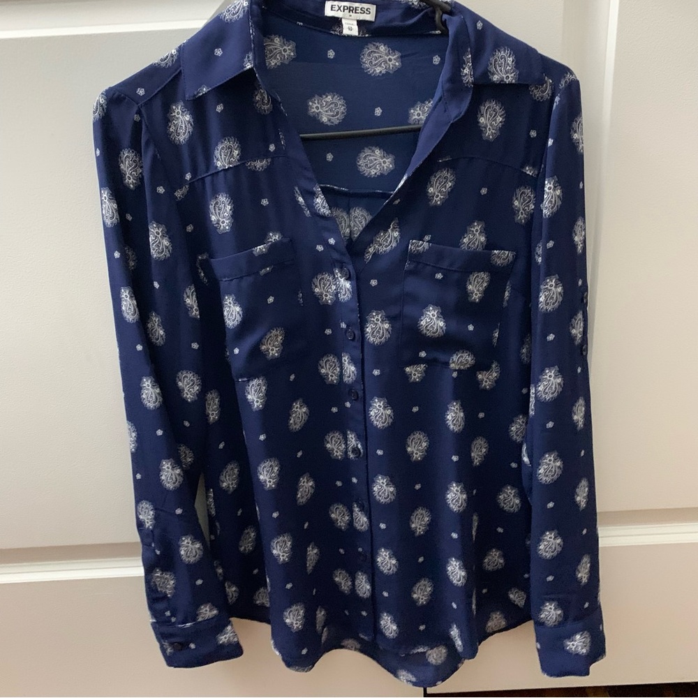 EXPRESS-The Portofino Shirt—Navy Blue with White Paisley—Size-XS